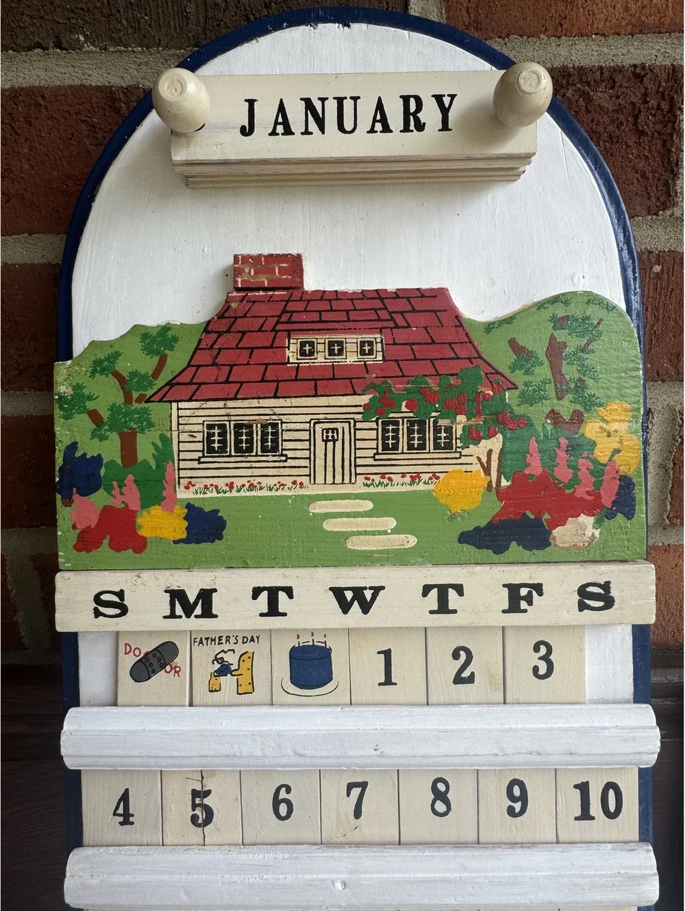 Vintage Wooden Perpetual Calendar with House Painting - COMPLETE